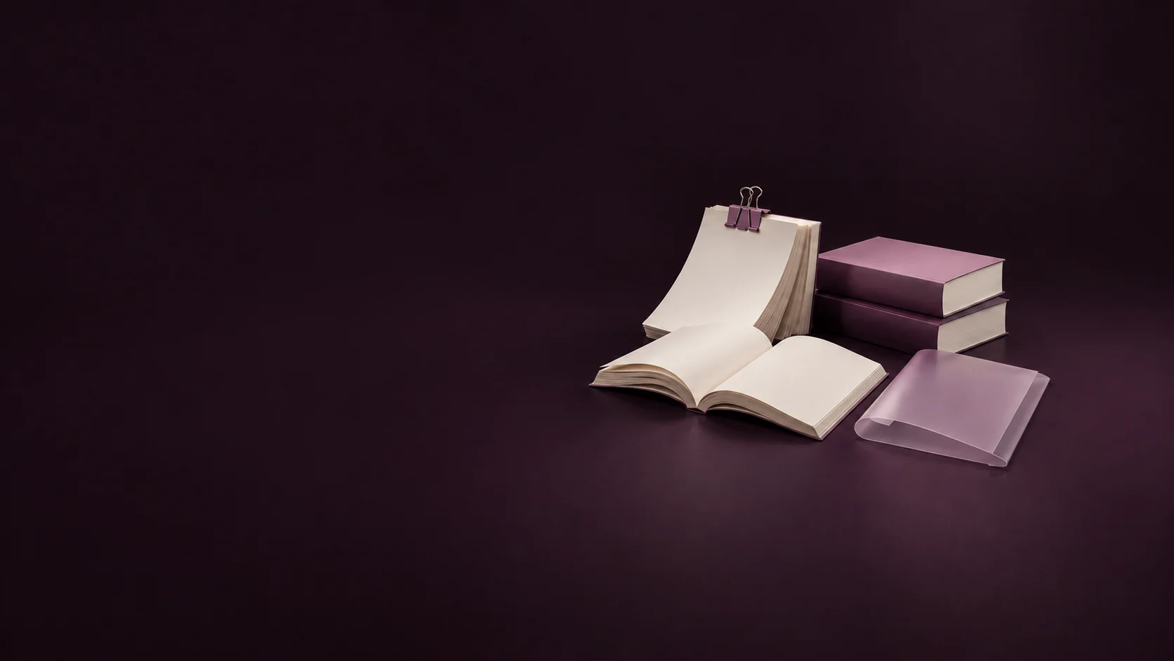A clipped blank manuscript, open paperback and two closed copies sit beside a translucent proof sleeve. - Self Publishing Services Meta ads research by Madgicx Labs