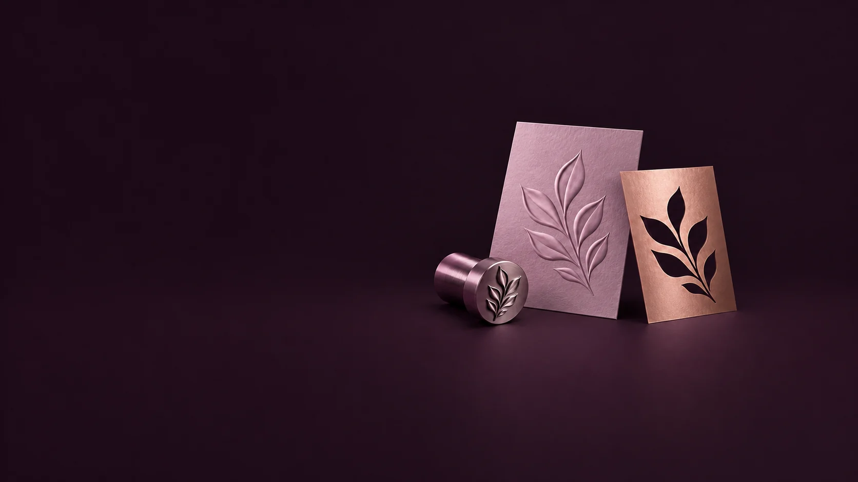 An embossed orchid leaf card stands beside a copper cutout mask and a matching metal embossing die. - Specialty Printing Services Meta ads research by Madgicx Labs