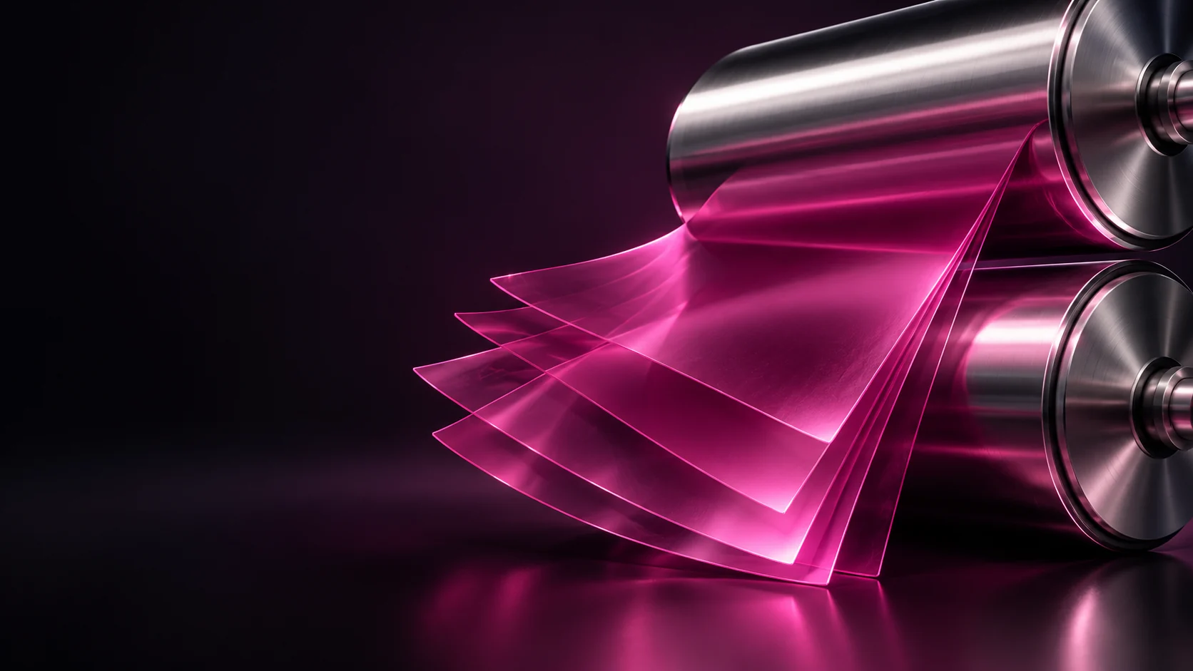 Brushed metal print rollers with curved translucent magenta sheets. - Printing & Publishing Services Meta ads research by Madgicx Labs