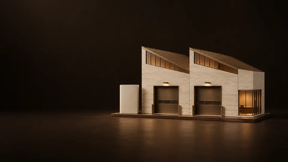 A compact two-bay warehouse model beside a closed blank proposal folder. - Real Estate Services Meta ads research index