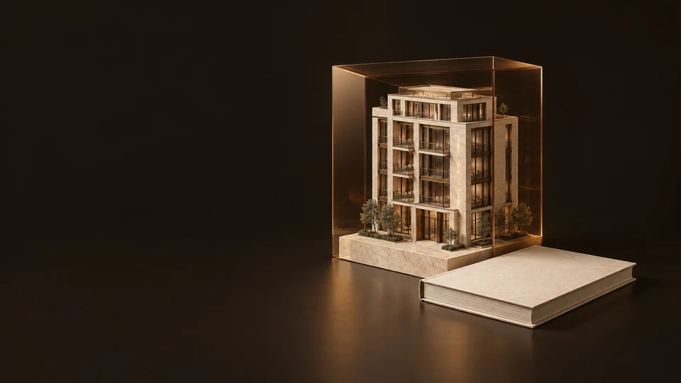 A travertine property model in an amber-glass sleeve beside a blank prospectus. - Real Estate Services Meta ads research index