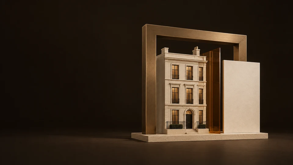 A bronze portal frame around a townhouse model beside a blank listing card. - Real Estate Services Meta ads research index