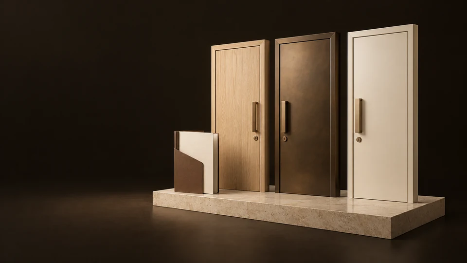 Three apartment entrance models beside an unmarked application folio. - Real Estate Services Meta ads research index