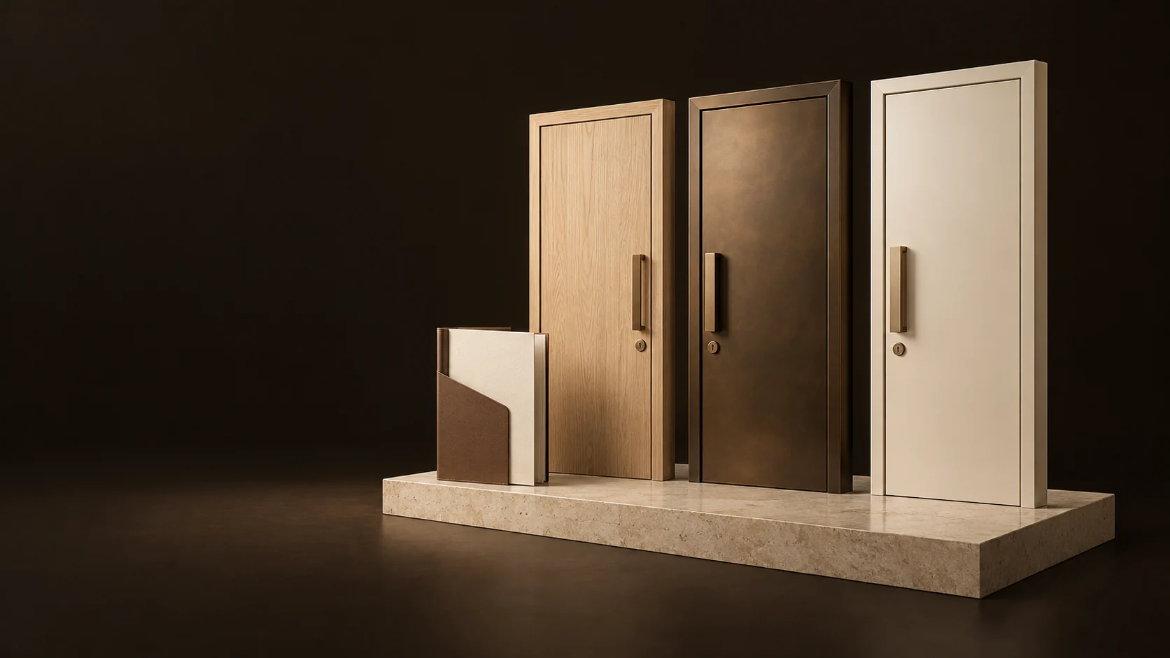 Three apartment entrance models beside an unmarked application folio. - Residential Rental & Leasing Meta ads research by Madgicx Labs