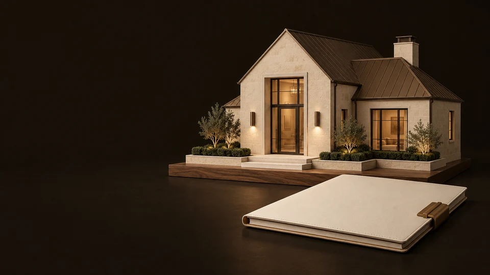 A complete pitched-roof home model beside a blank buyer-service folio. - Real Estate Services Meta ads research index