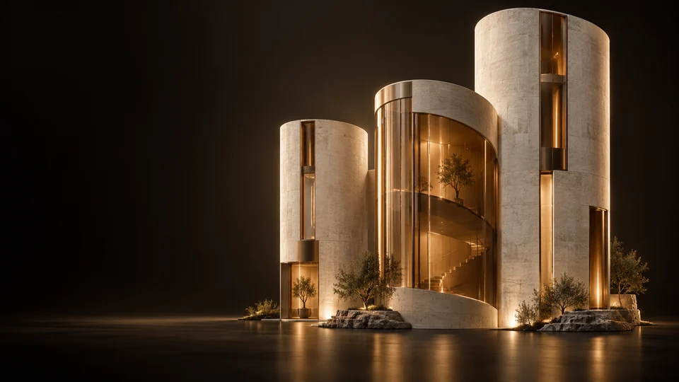 Three curved stone-and-glass building forms lit in warm amber. - Real Estate Services Meta ads research by Madgicx Labs