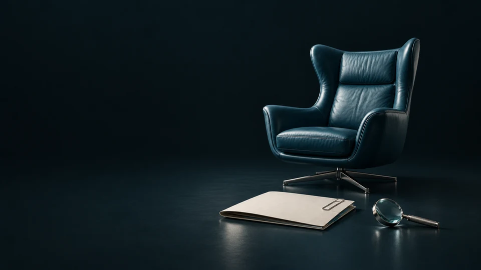 An empty blue leather executive chair with a blank folio and magnifying glass. - Recruitment & HR Services Meta ads research index