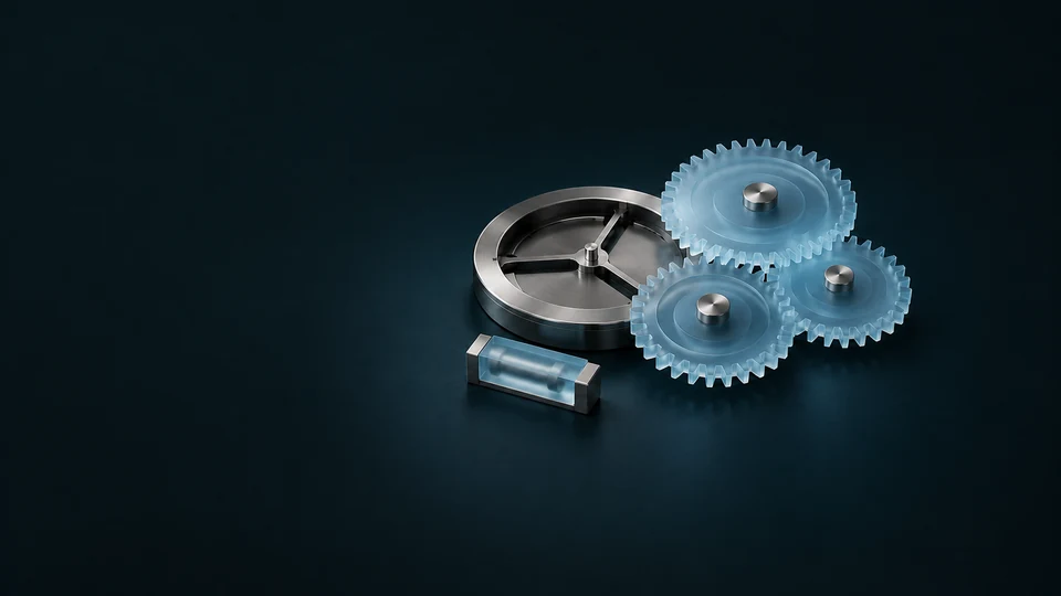 Three pale-blue gears beside a brushed-metal disk and a separate glass cartridge. - Recruitment & HR Services Meta ads research index