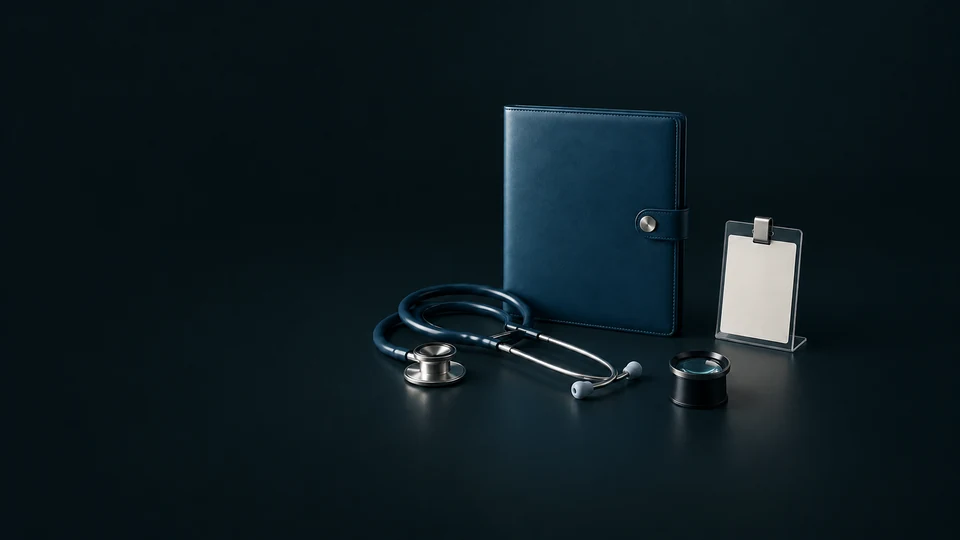 A blue credential folio with a stethoscope, blank badge and small optical lens. - Recruitment & HR Services Meta ads research index