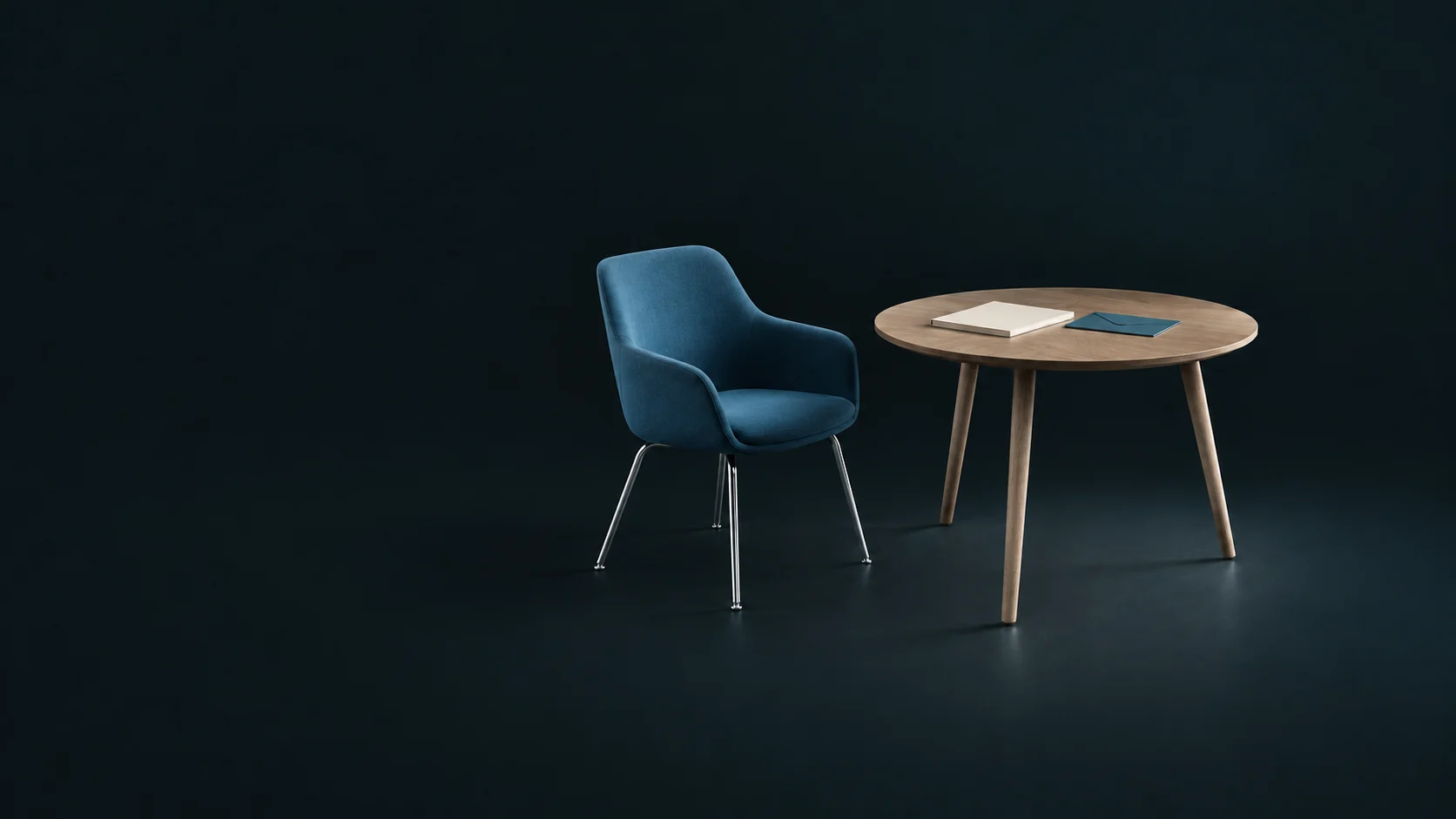 An empty blue chair beside a wooden interview table with a blank folio and envelope. - Permanent Recruitment Firms Meta ads research by Madgicx Labs