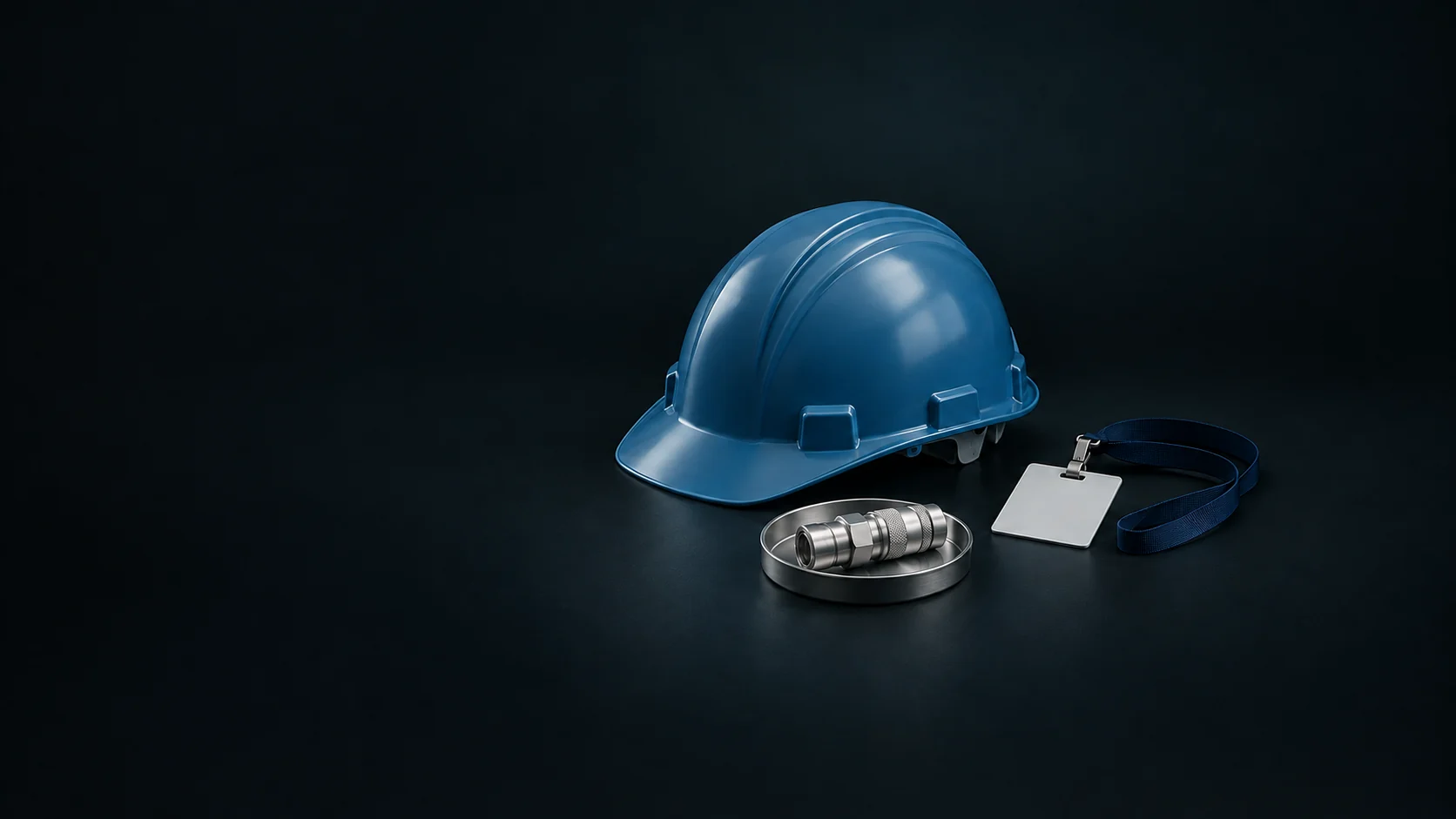 A blue safety helmet with a blank badge, coiled lanyard and metal quick coupler. - Staffing Agencies Services Meta ads research by Madgicx Labs