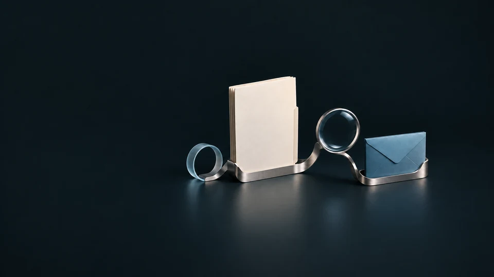 A curved metal organizer holding a blank folio, optical lens and blue envelope. - Recruitment & HR Services Meta ads research index