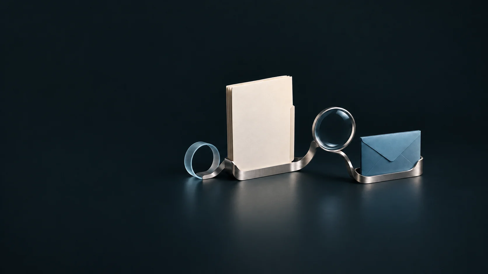 A curved metal organizer holding a blank folio, optical lens and blue envelope. - Talent Acquisition Solutions Meta ads research by Madgicx Labs