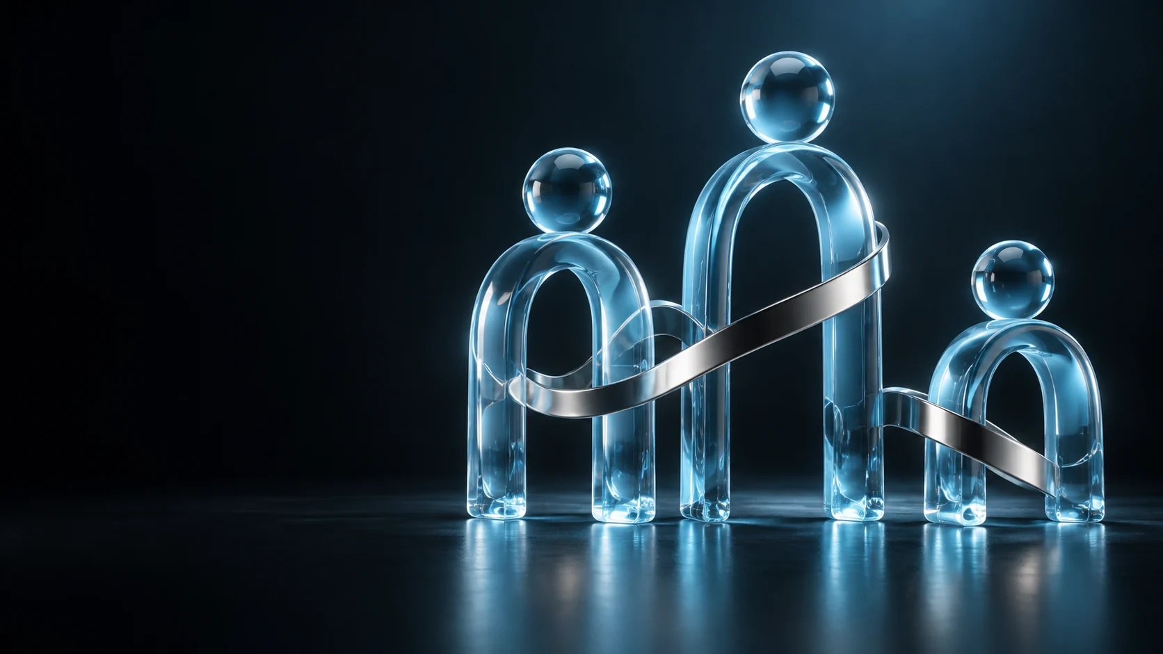 Three blue glass human-shaped sculptures joined by a silver ribbon. - Recruitment & HR Services Meta ads research by Madgicx Labs