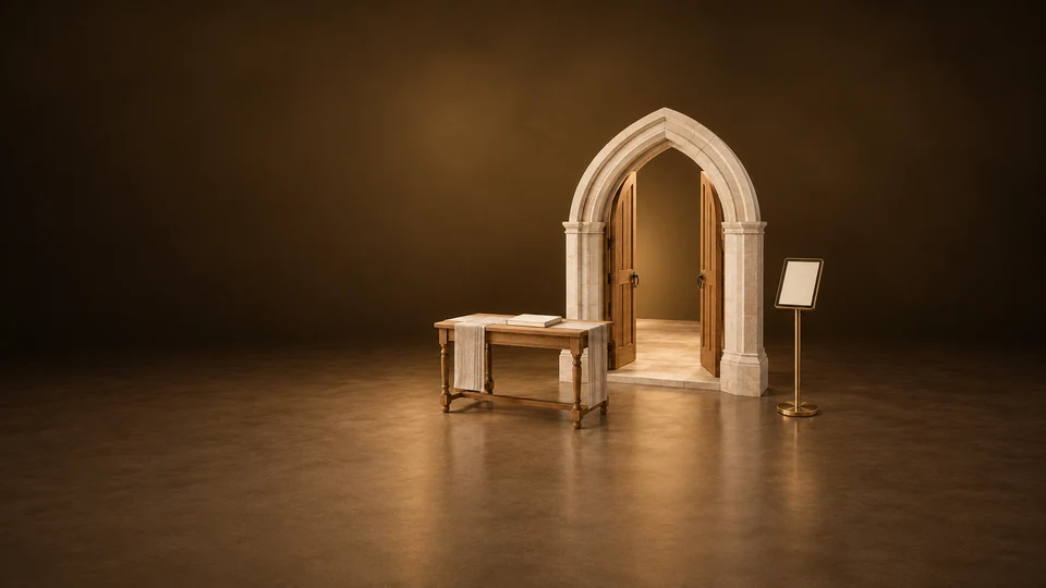 Pale pointed church doorway with open oak doors, a welcome table and a blank tablet on a brass stand. - Religious Organizations & Worship Meta ads research index