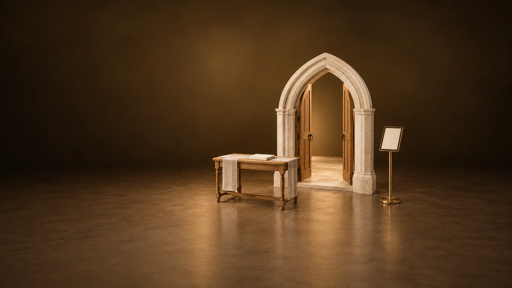Pale pointed church doorway with open oak doors, a welcome table and a blank tablet on a brass stand. - Christian Churches Ministries Meta ads research by Madgicx Labs