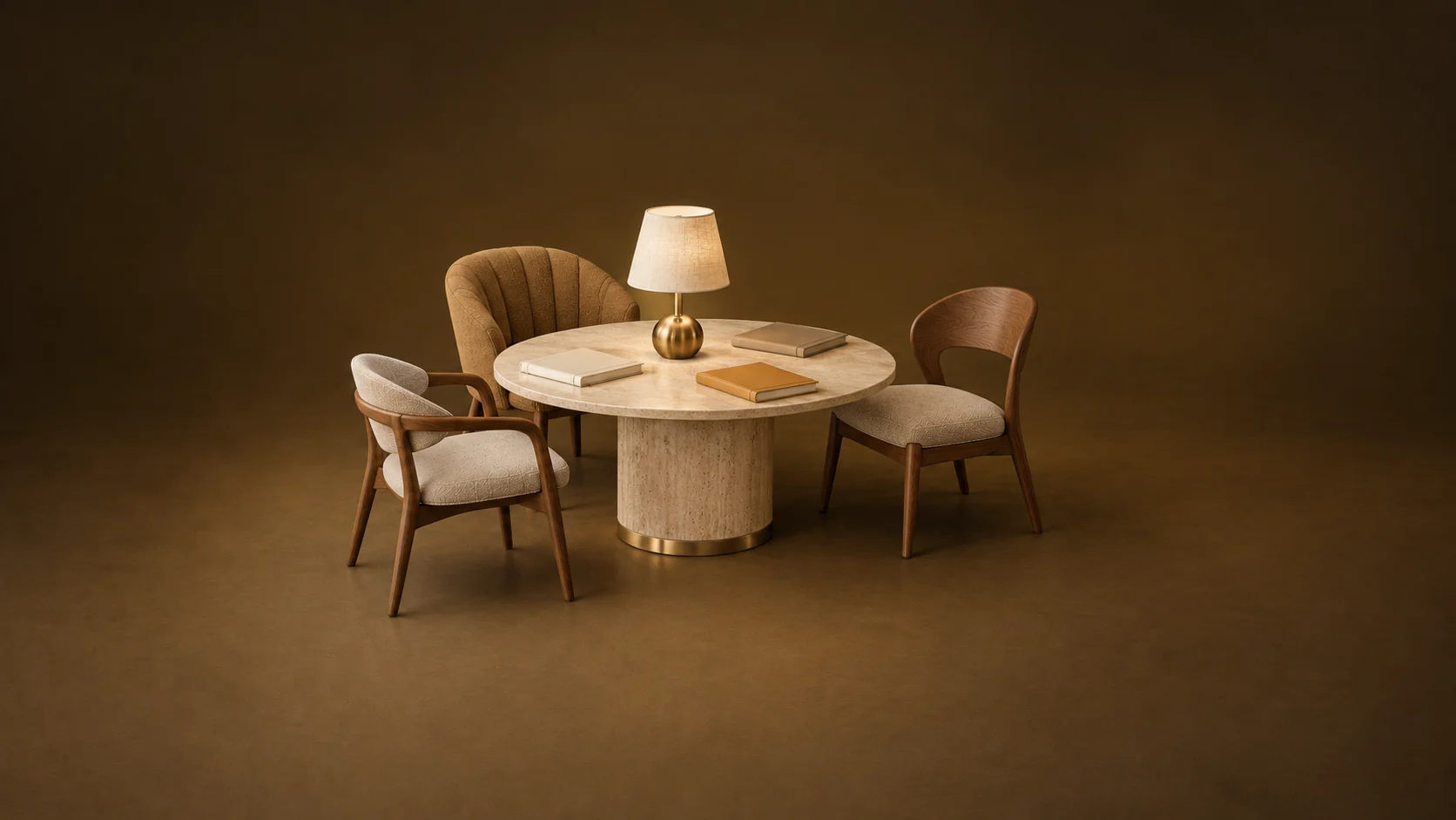 Three different empty chairs around a stone table with closed notebooks and an ordinary linen-shaded lamp. - Interfaith Spiritual Communities Meta ads research by Madgicx Labs