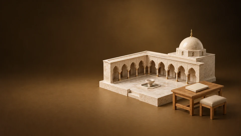 Miniature limestone mosque courtyard with a low dome beside a tour desk, closed blank guide and empty stool. - Religious Organizations & Worship Meta ads research index