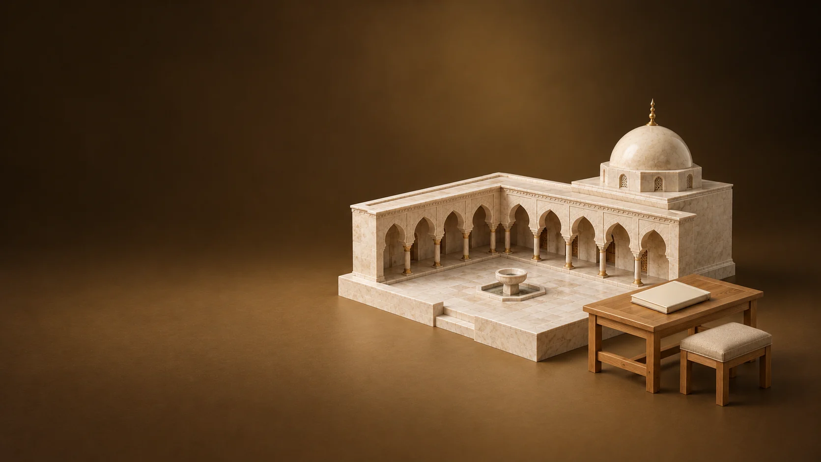 Miniature limestone mosque courtyard with a low dome beside a tour desk, closed blank guide and empty stool. - Islamic Mosques Centers Meta ads research by Madgicx Labs