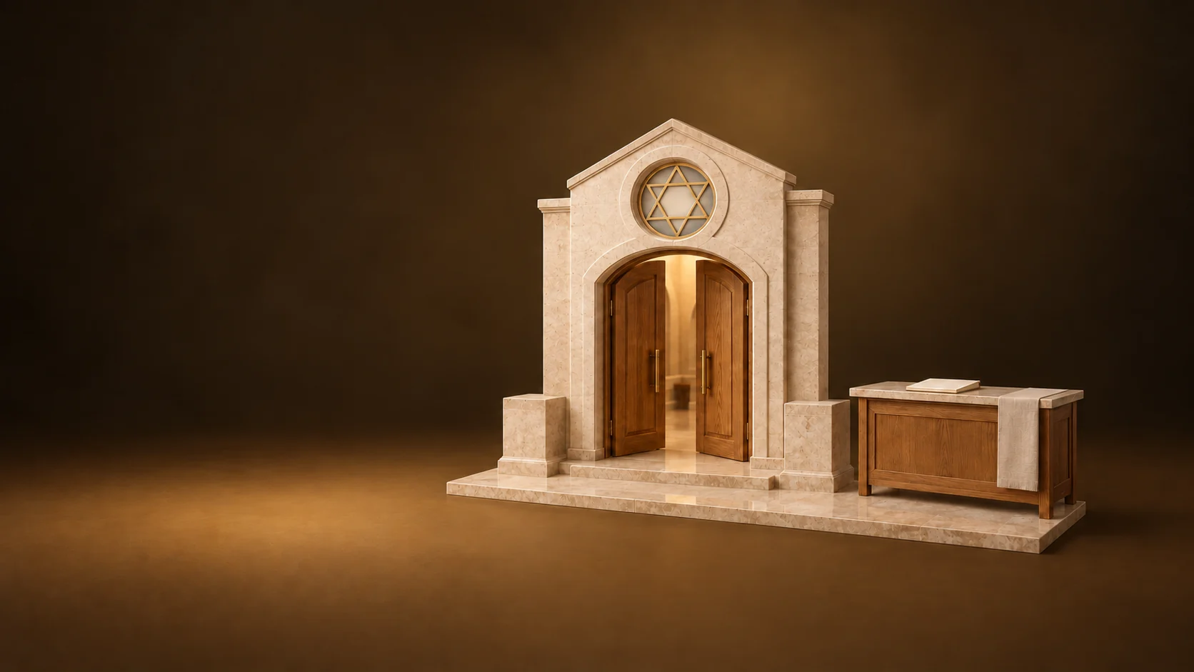 Miniature stone synagogue entrance with a geometric round window beside a visitor desk and closed blank book. - Jewish Synagogues Temples Meta ads research by Madgicx Labs