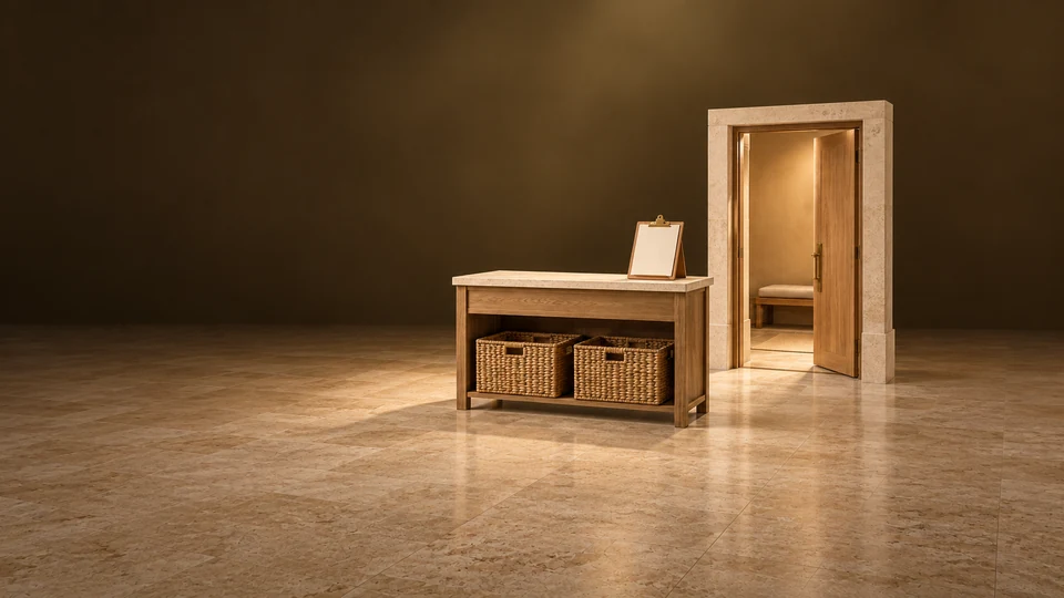 Oak service counter with two empty woven baskets and a blank clipboard beside an open doorway. - Religious Organizations & Worship Meta ads research index