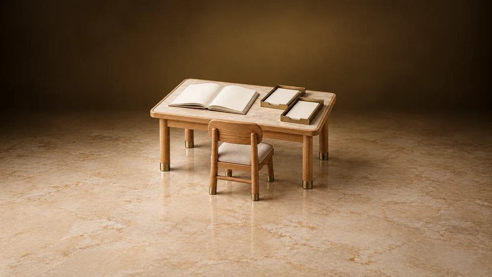 Empty learning table with an open blank book, two registration trays and a student chair. - Religious Organizations & Worship Meta ads research index