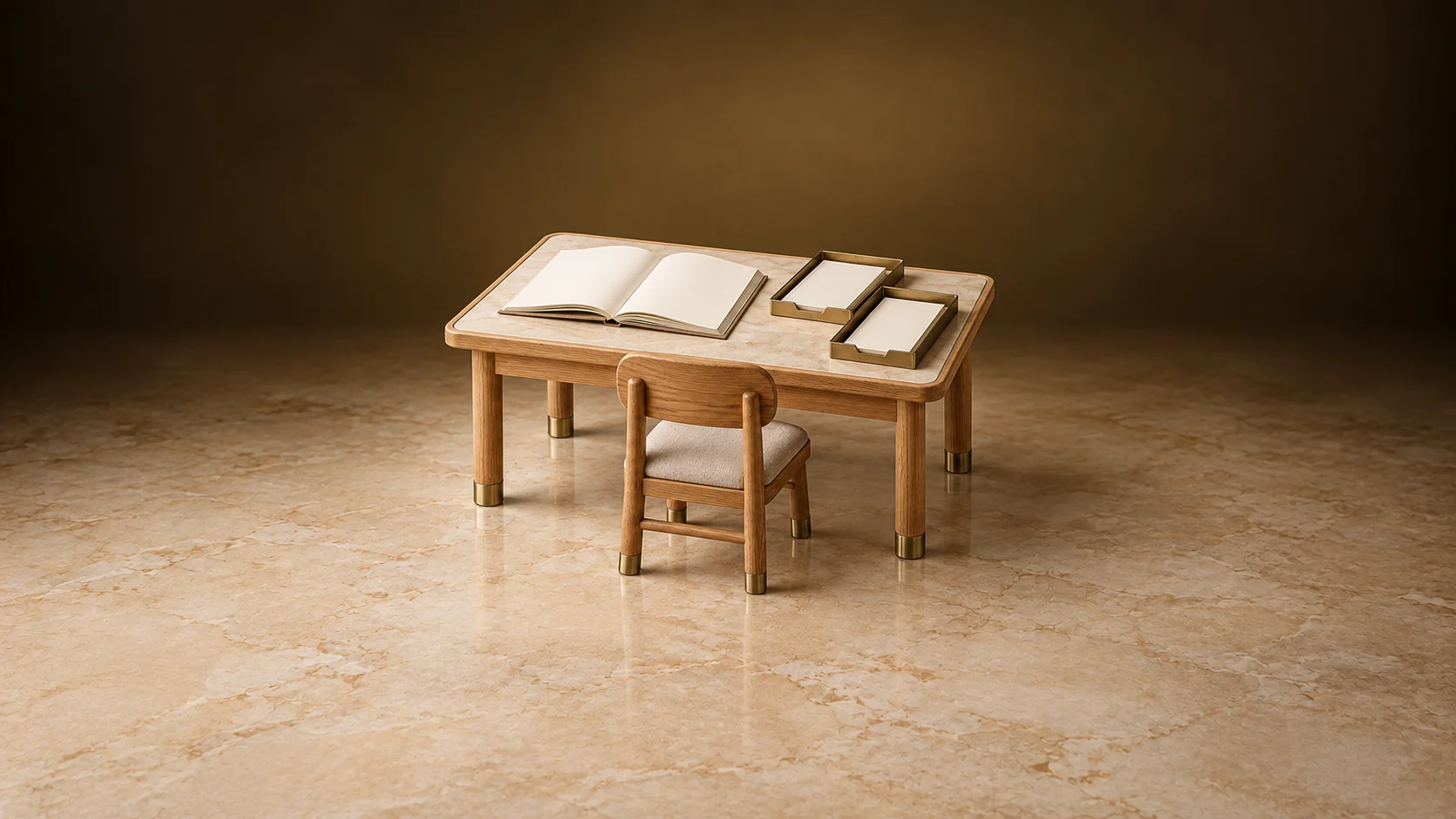 Empty learning table with an open blank book, two registration trays and a student chair. - Religious Education Centers Meta ads research by Madgicx Labs