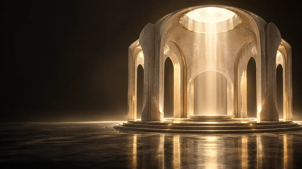 A pale stone vaulted pavilion lit through a circular roof opening. - Religious Organizations & Worship Meta ads research by Madgicx Labs