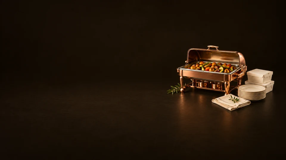 Copper catering dish with its lid raised over roasted vegetables, beside meal boxes, plates and folded linen. - Restaurant & Food Services Meta ads research index