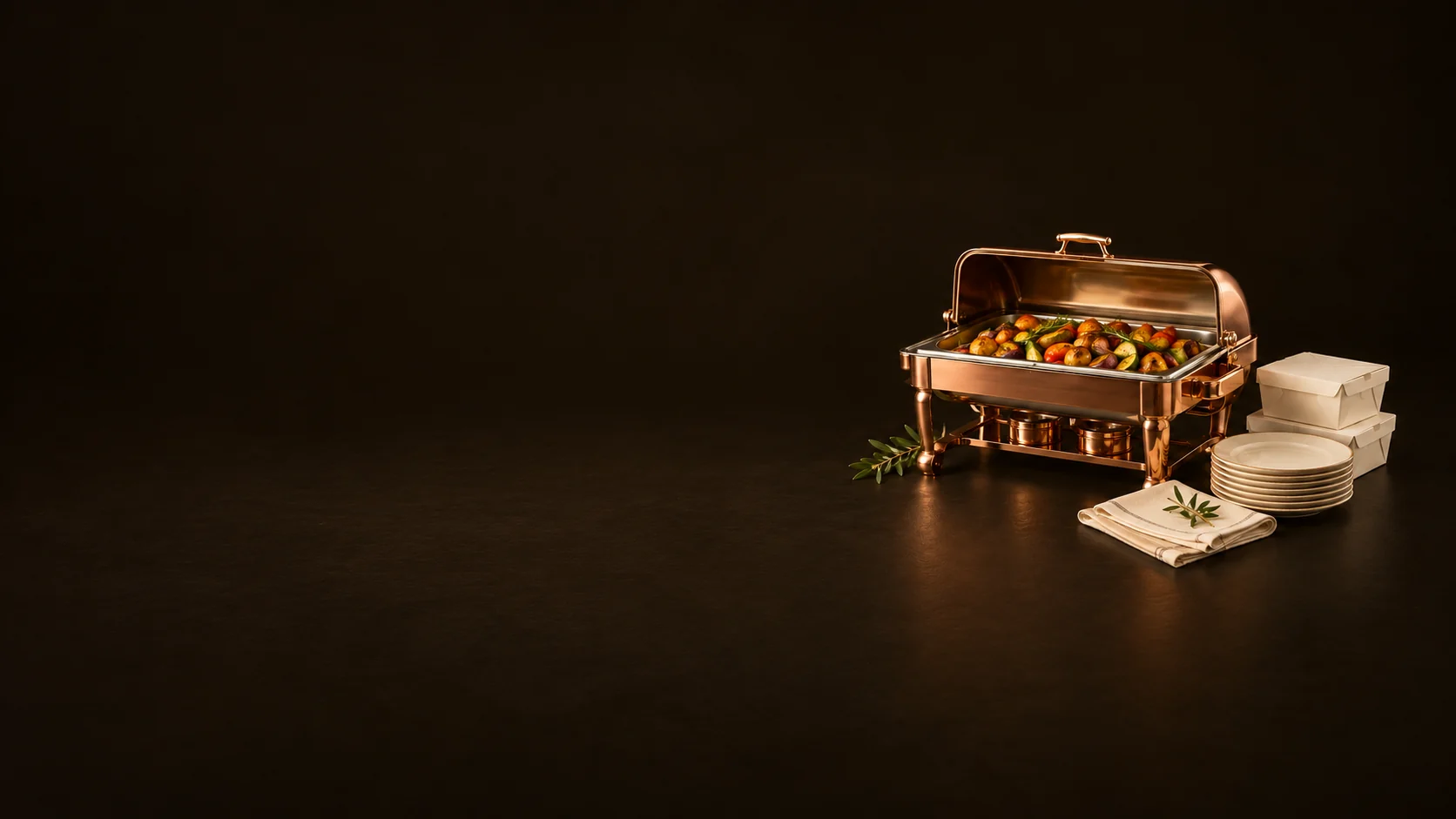 Copper catering dish with its lid raised over roasted vegetables, beside meal boxes, plates and folded linen. - Catering Services Meta ads research by Madgicx Labs