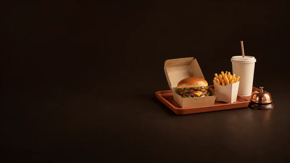 Burger, fries and takeaway drink on a terracotta tray beside a copper pickup bell. - Restaurant & Food Services Meta ads research index