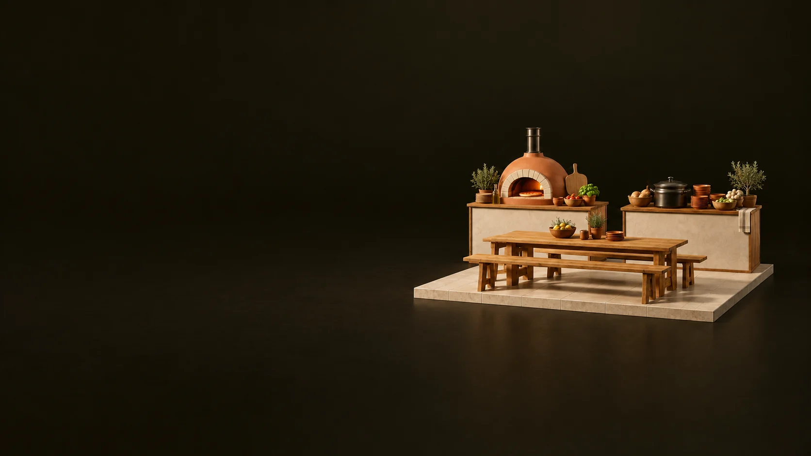 Miniature food hall with a pizza counter, soup counter and shared wooden table with benches. - Food Hall Court Services Meta ads research by Madgicx Labs