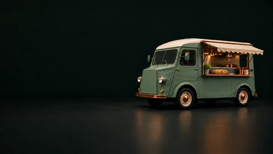 Unbranded jade food truck with a cream awning, open serving hatch and taco display. - Restaurant & Food Services Meta ads research index