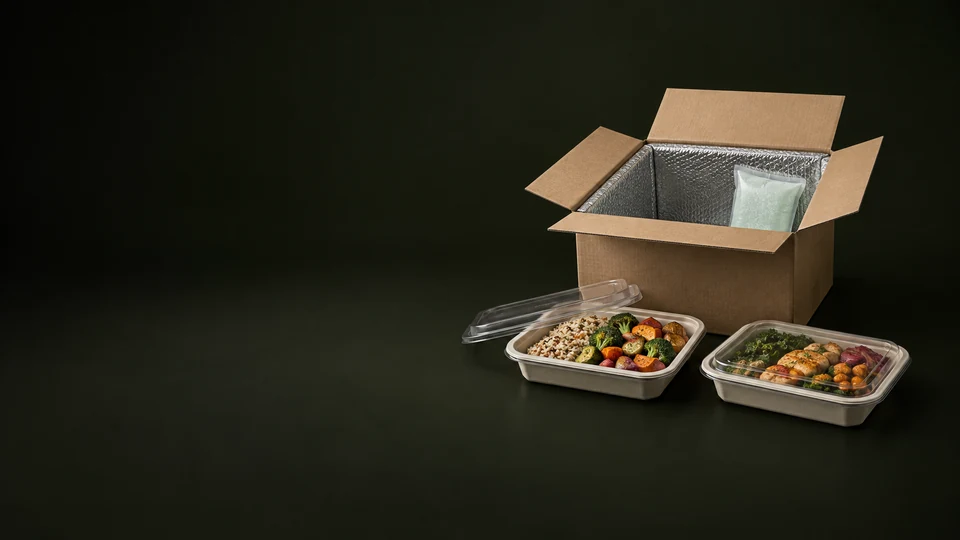 Open insulated delivery box with a gel pack beside two prepared meal trays. - Restaurant & Food Services Meta ads research index