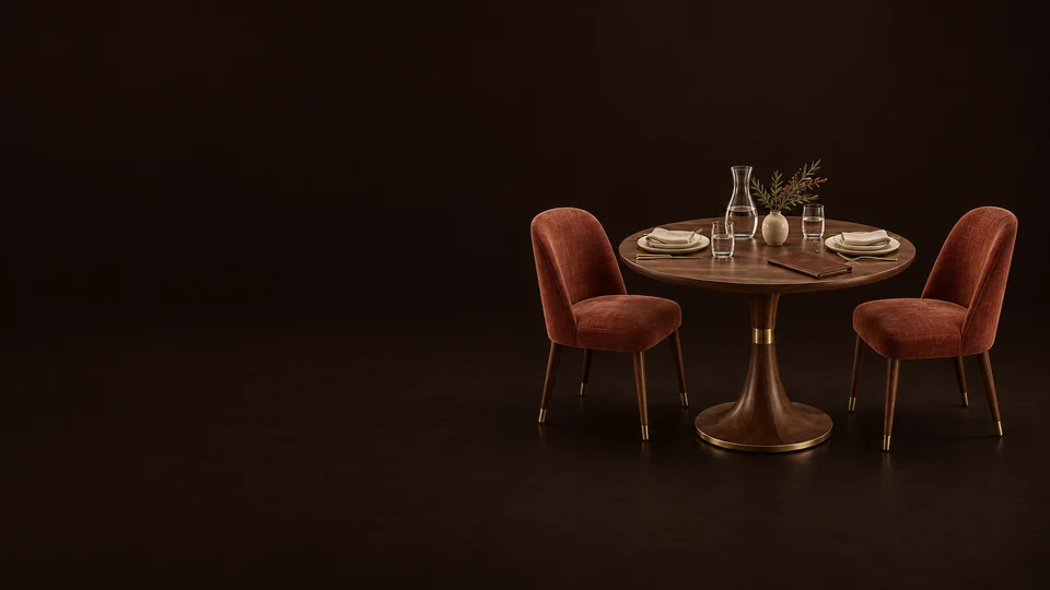 Round walnut restaurant table set for two with clay upholstered chairs, dishes and a glass carafe. - Restaurant & Food Services Meta ads research index