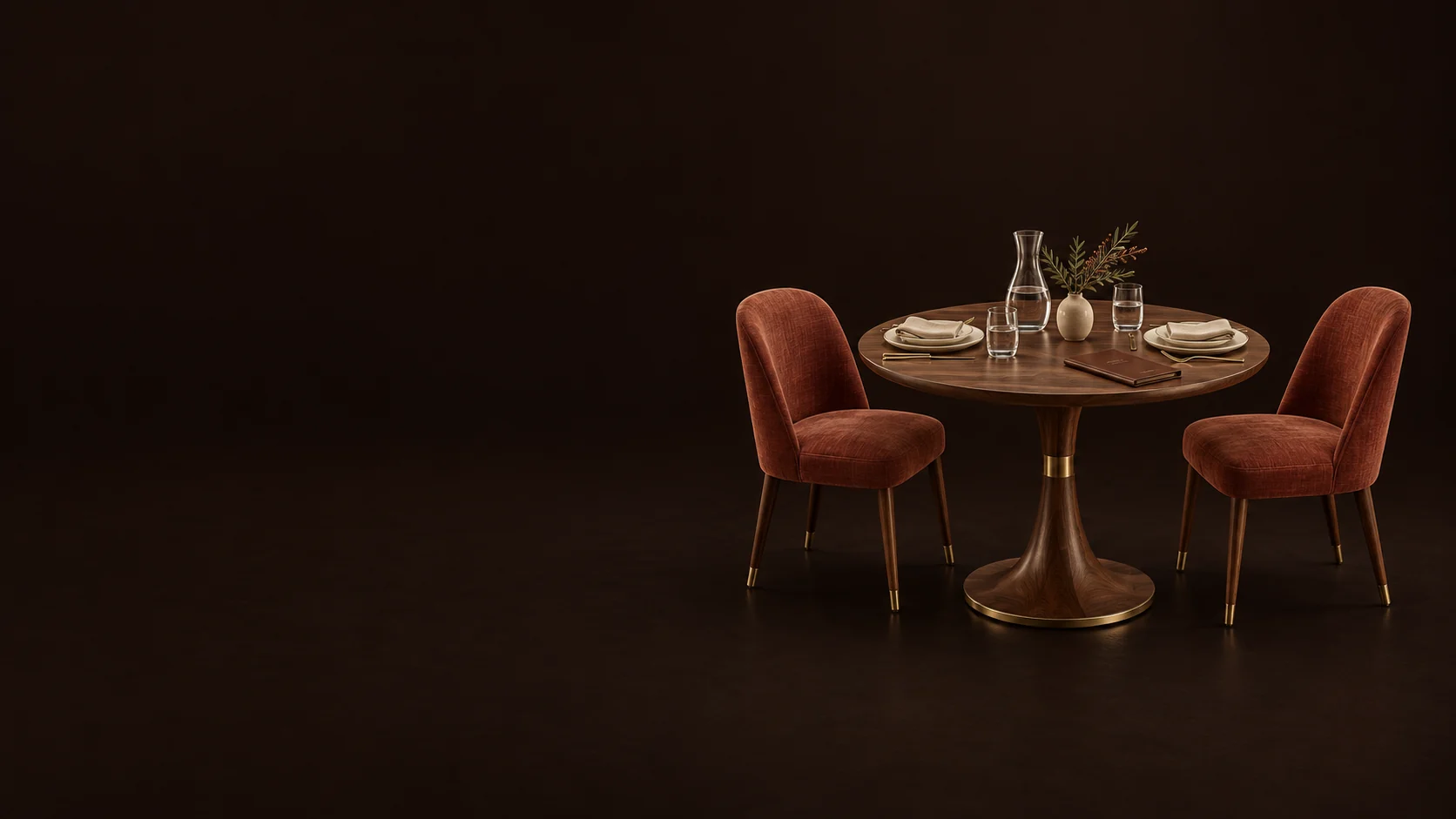 Round walnut restaurant table set for two with clay upholstered chairs, dishes and a glass carafe. - Restaurant Dining Services Meta ads research by Madgicx Labs