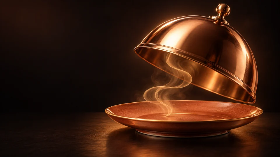 A raised copper cloche above a terracotta plate with curling steam. - Restaurant & Food Services Meta ads research by Madgicx Labs