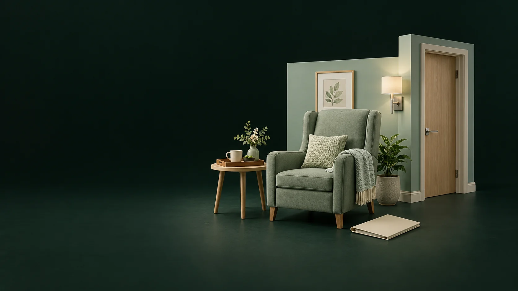 An empty upholstered chair, tray table and blank folder beside a complete residential doorway. - Assisted Living Facilities Meta ads research by Madgicx Labs