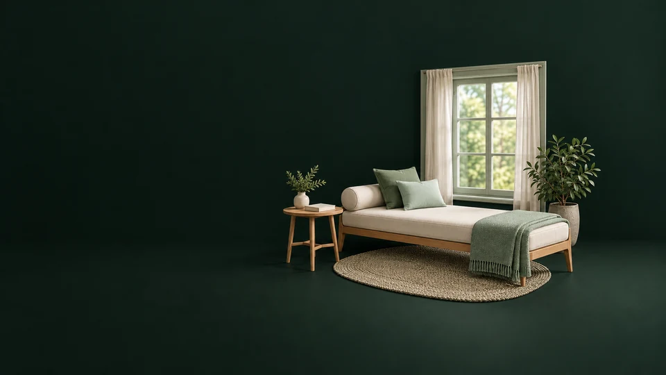 An empty daybed and folded blanket beside a curtained window, side table and blank folder. - Senior Care Services Meta ads research index