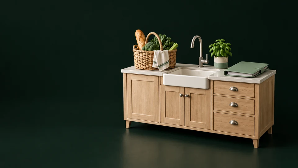 A miniature domestic kitchen with a groceries basket, blank planner and plant. - Senior Care Services Meta ads research index
