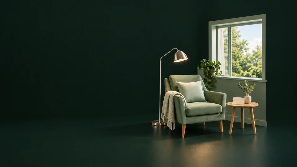 A reading chair, lamp and blank invitation beside a complete window and low apartment wall. - Senior Care Services Meta ads research index