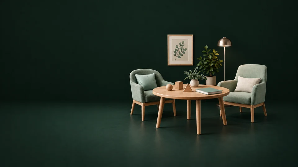 Two empty chairs around an activity table with wooden shapes, blank folder, lamp and plants. - Senior Care Services Meta ads research index