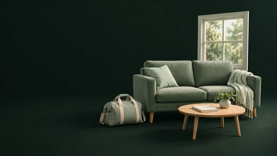 An empty sofa, overnight bag and low table with a blank planner beside a complete window. - Senior Care Services Meta ads research index