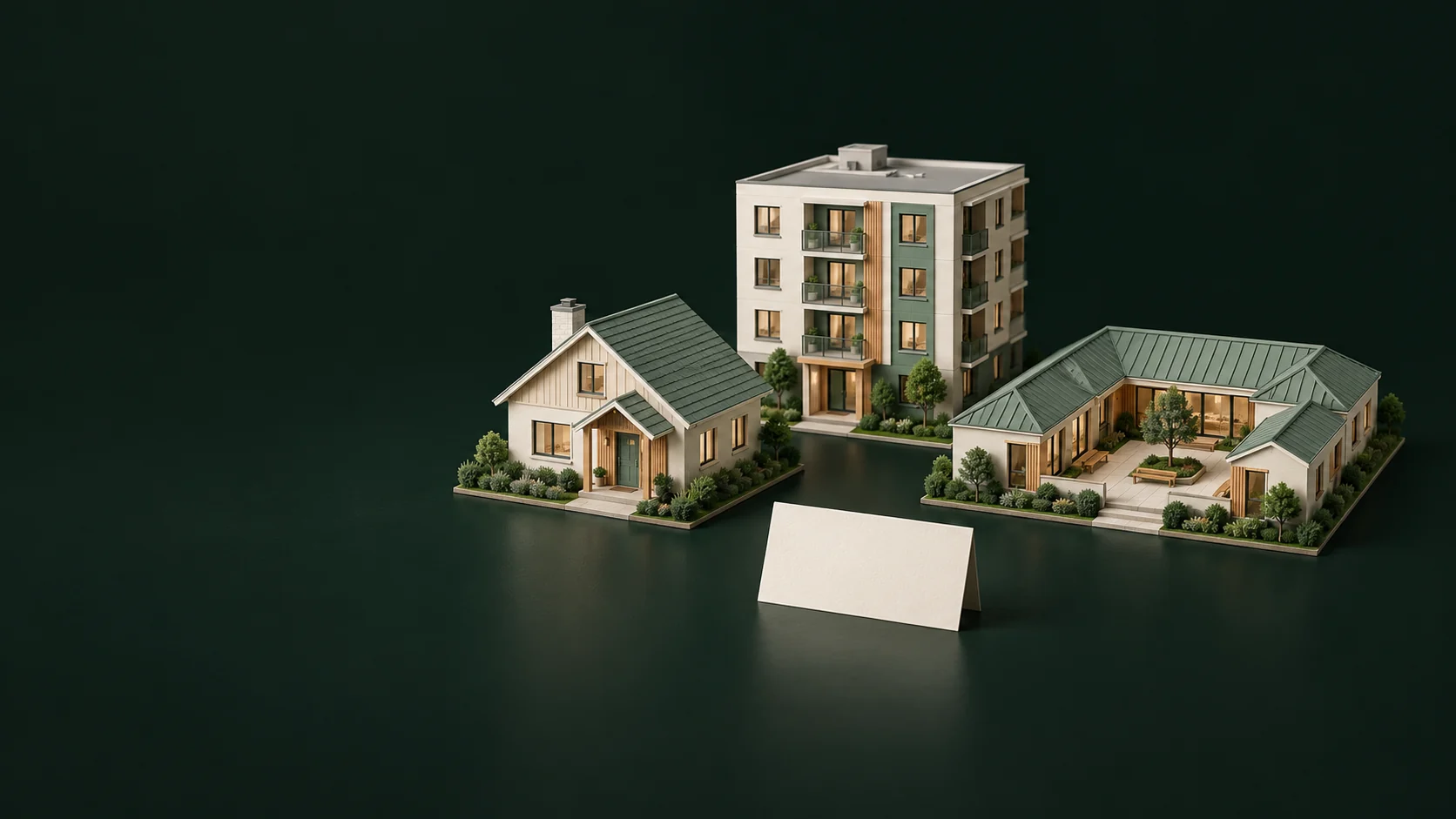 Three complete building models representing a house, apartment and courtyard residence, with a blank card. - Senior Care Referral Services Meta ads research by Madgicx Labs