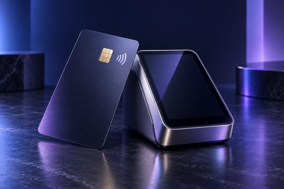 Payment card with chip beside a payment terminal - Software & Technology Platforms Meta ads research index