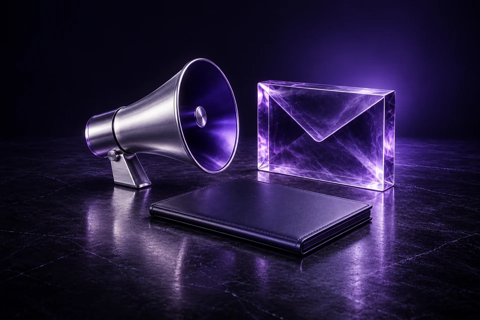 Silver megaphone beside a translucent violet envelope and a closed indigo folio. - Software & Technology Platforms Meta ads research index