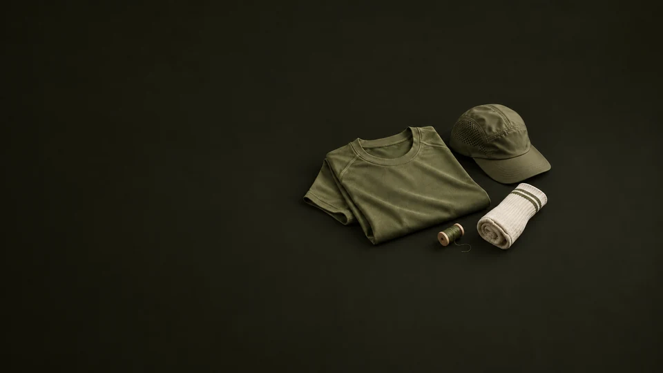 A folded olive performance top, running cap, cream sock and thread spool form a compact athletic apparel group. - Sports & Outdoor Equipment Meta ads research index