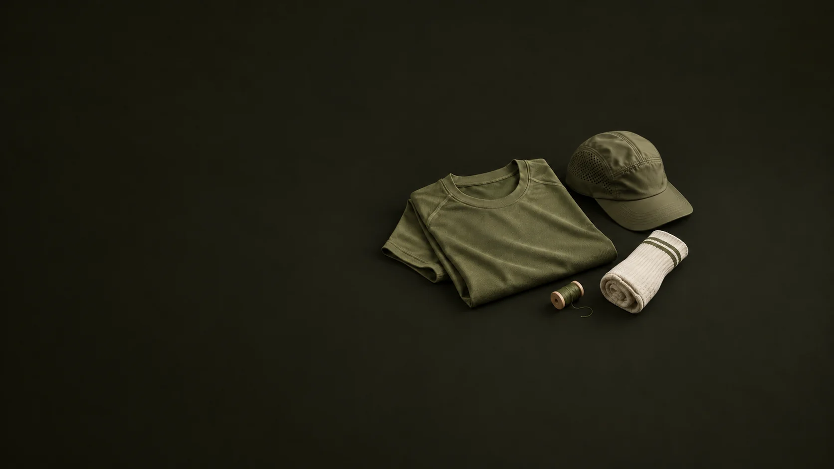 A folded olive performance top, running cap, cream sock and thread spool form a compact athletic apparel group. - Athletic Apparel & Accessories Meta ads research by Madgicx Labs