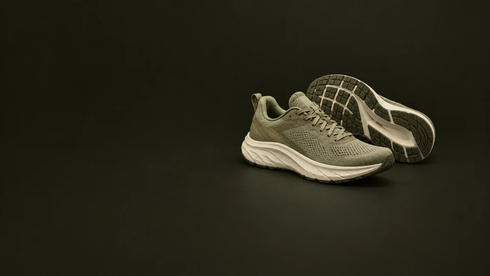 A pair of olive and cream running shoes shows knit uppers, sculpted soles and tread. - Sports & Outdoor Equipment Meta ads research index