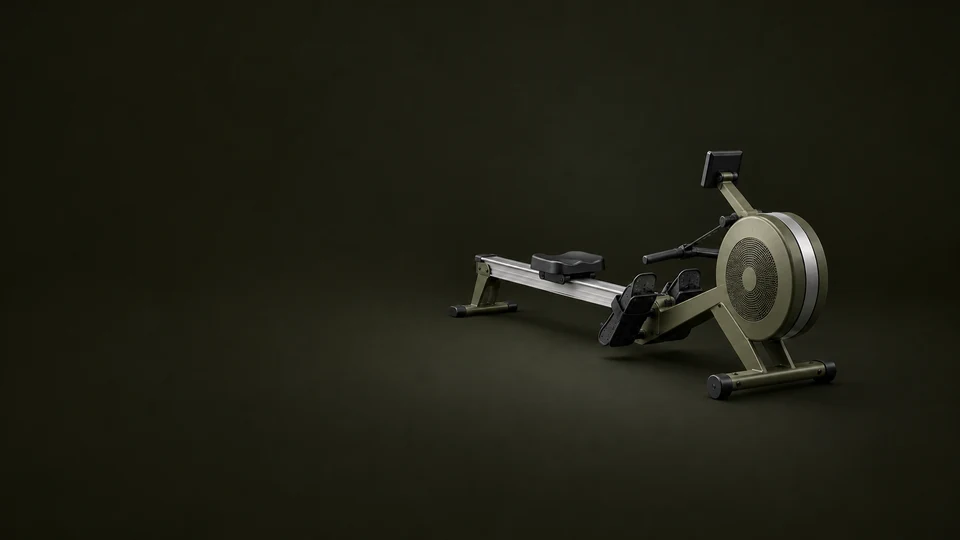 A complete olive rowing machine shows its flywheel, rail, sliding seat, footplates and blank monitor. - Sports & Outdoor Equipment Meta ads research index